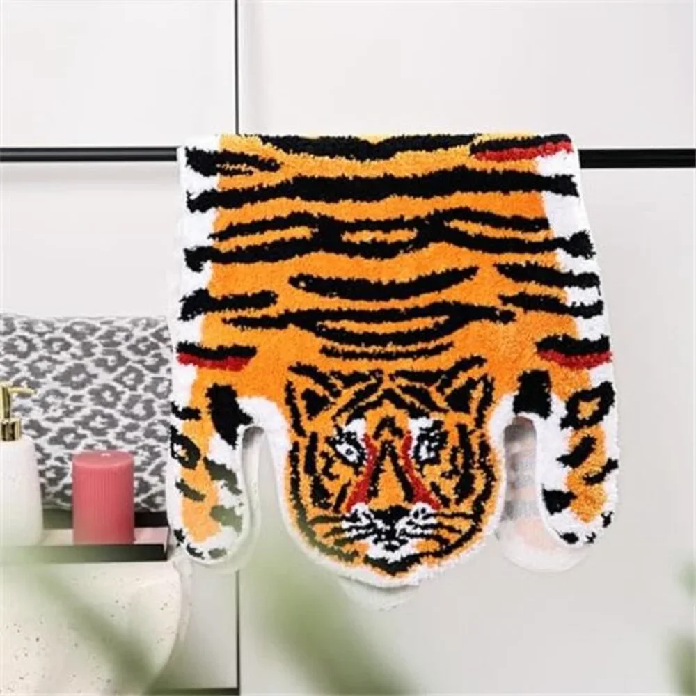 Tiger Bath Mat Cute Animal Shaped Non Slip Plush Bathroom Rug Orange Yellow